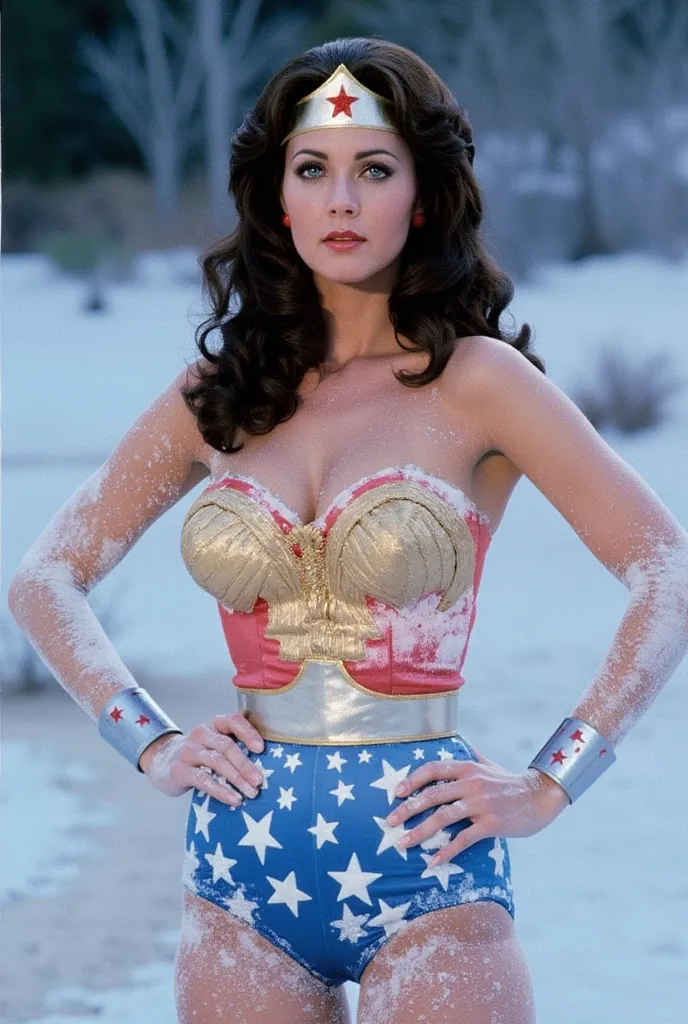 (( Linda Carter from Sexy Wonder Woman )) (((I've been trapped in an absolute zero freezer the whole time、whole body freezes and turns white))) 「My whole body is covered in pure white frost or powder。」((I'm peeling my eyes))、((Wonder Womanの顔,head,body, and...