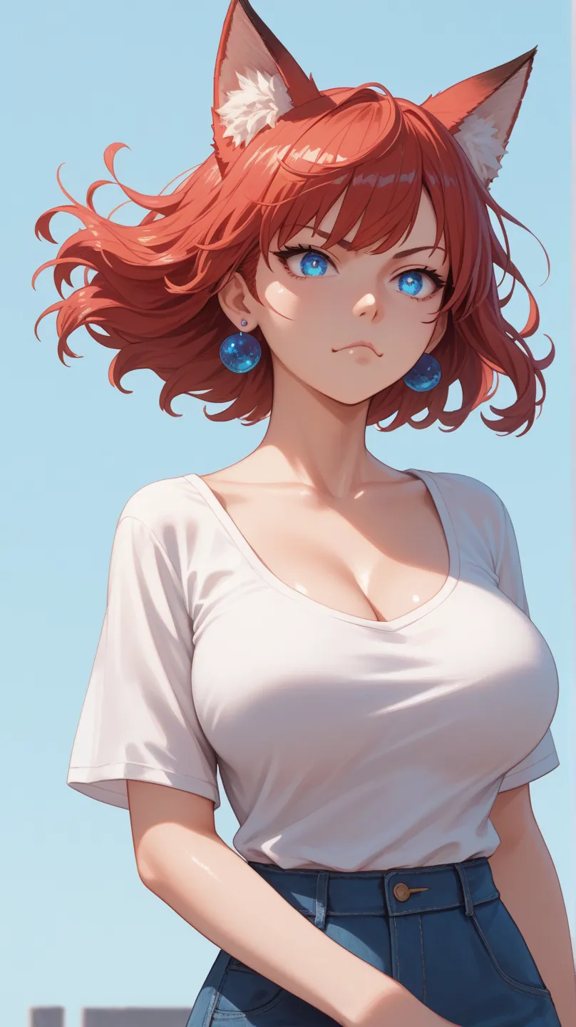 masterpiece, anatomically correct, 最high quality, high resolution, high detail, high quality,
 1 girl,  very attractive face ､ blue eyes, shortcuts,  fox ears, red hair , Shiny Hair, hair fluttering in the wind, earrings, big breasts, Deformed Cheek Dye,  ...