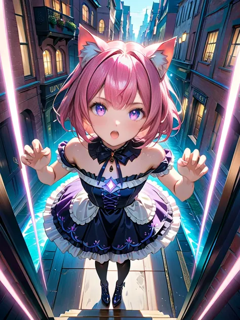 (full body:1.3), (highly detailed beautiful face and eyes:1.4), Shining Eyes, glowing eyes, beautiful face, perfect face, attractive face, 
1 cat girl, (pink bob hair), (cat ears), (violet eyes), claw pose, looking up, furious, white lolita, 
extreme high ...