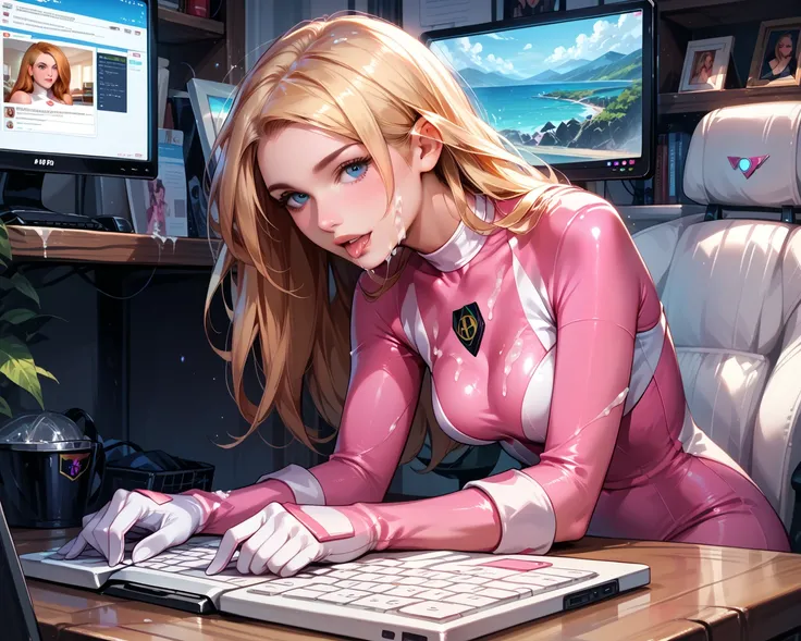 cinematic film still, solo, 1girl, BREAK blonde kim possible, perky breasts, pink power ranger outfit, pink catsuit with white details BREAK high tech computer factory, pictures of kim everywhere, sneaking around, crawling on hands and knees, bent over, be...