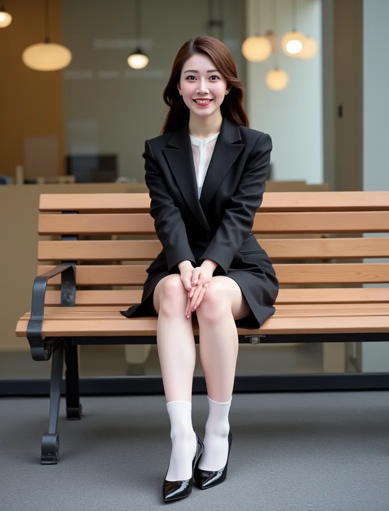 ( Photorealism:1.2)、 Full Body Image 、黒いハイ socksを手に持ち socksの臭いを嗅いでる。 beautiful日本人モデル、39;  thick legs、 woman 、39;  office worker uniform  、 black high heels 、smile、 bench、  open your legs slightly 。膝の下まで届く超リアルな厚手の黒い socks、  sits with her two perfect legs ap...