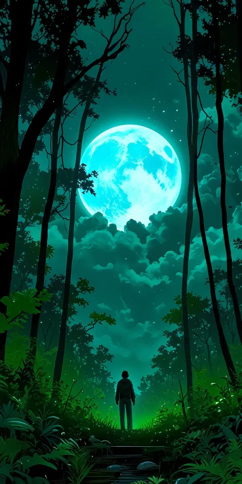 Moon is hidden in green leafs at night big moon