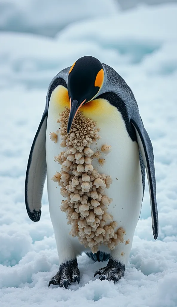 Emperor penguin struggling on Antarctic ice, its chest covered with hardened oil residue resembling bizarre growths and clusters, the penguin appearing weak and distressed, unable to clean itself, dramatic wildlife photography showing contamination effects...