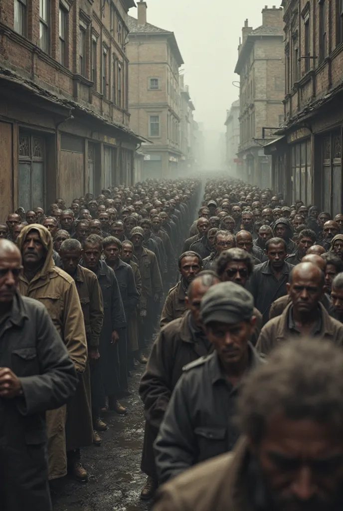 Create an image of where during the famine, people in a 1932 city are waiting in a huge line to the store, to at least buy bread