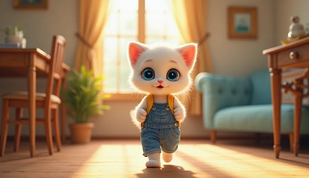 A cute, anthropomorphic white kitten with large blue eyes, wearing blue denim overalls and carrying a bright yellow backpack, walks confidently through a cozy, warmly lit home. The sunlight streams through the windows, casting a golden glow over the wooden...