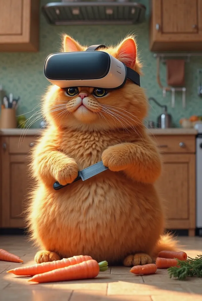 Create a fluffy orange round cat standing slicing carrots in the kitchen. Left hand grabs carrots, right hand holds a knife, takes a virtual reality
