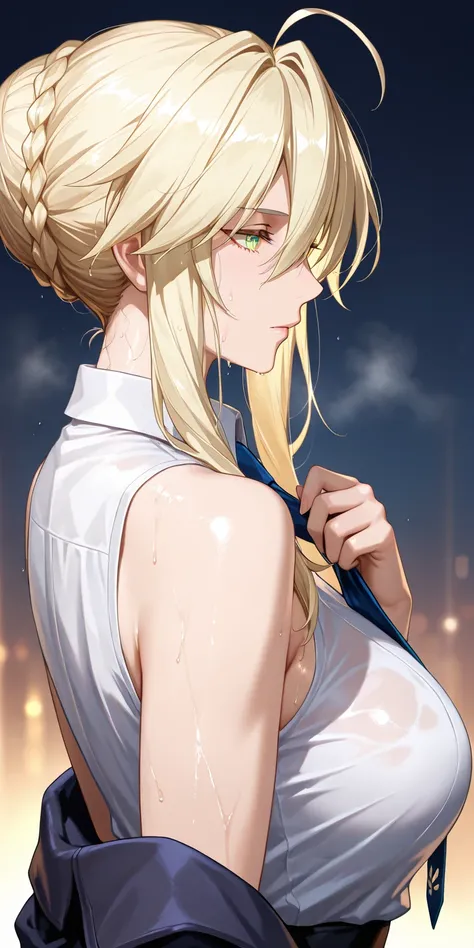 Masterpiece, very aesthetic, vibrant, high contrast, mature woman, artoria pendragon (lancer) (fate), milf, upper body, sleeveless collared shirt, tie, side boobs, jacket, sweaty, soft light, honkai: star rail cg style
