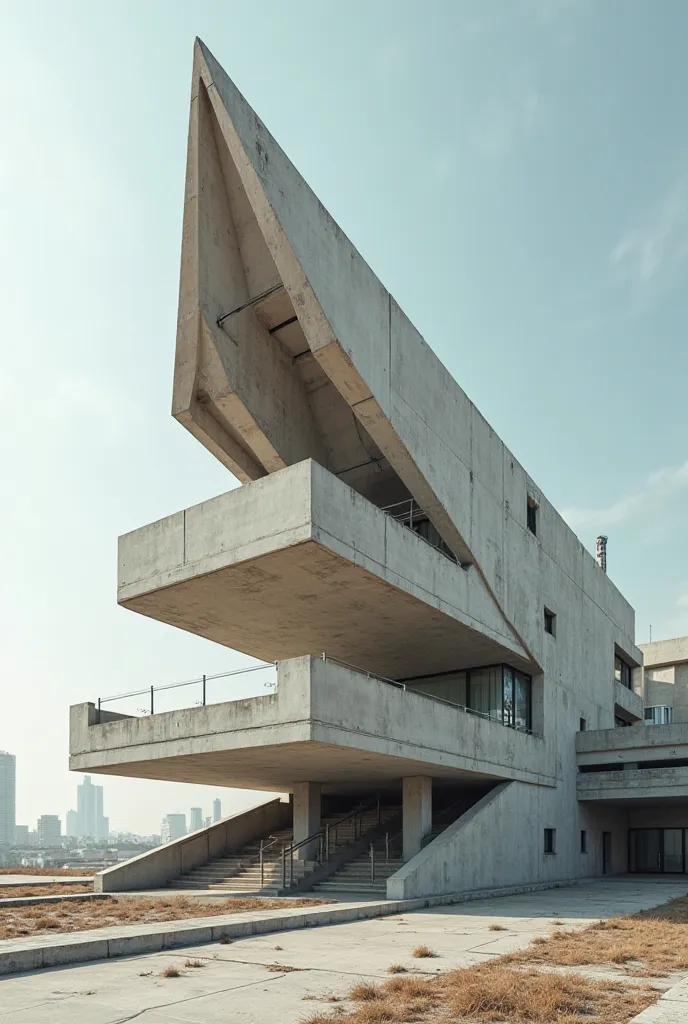 Two-level building inspired by retrofuturist architecture and brutalist architecture with a cantilevered roof ending in a pointed shape 