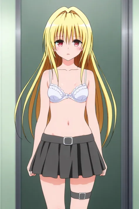   1 girl, One,   long hair,  open mouth,  expressionless face in a white bra, opens her eyes , disturbance,  blushes,  blush,   love-ru  , yami tips,  1girl,  red eyes,   has yellow hair,   Masterpiece  ,  High quality ,   great quality,   middle hips  ,  ...