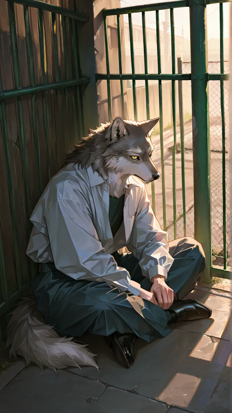 three men with wolf ears,high quality,there is a fence in the background,shabby clothes,sit on the floor,human