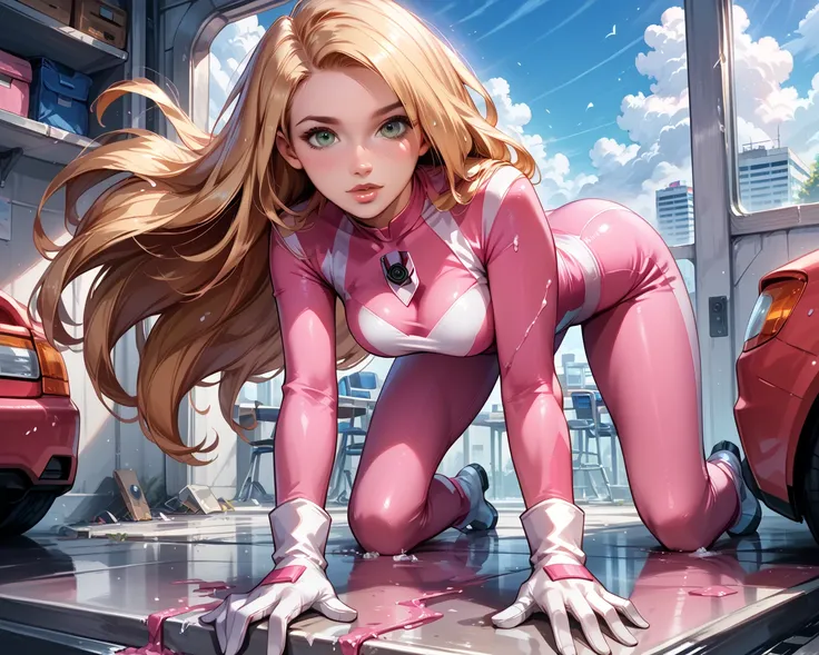 cinematic film still, solo, 1girl, BREAK blonde kim possible, perky breasts, pink power ranger outfit, pink catsuit BREAK high tech factory, pictures of kim everywhere, sneaking around, crawling on hands and knees, bent over, beautiful, graceful, elegant, ...