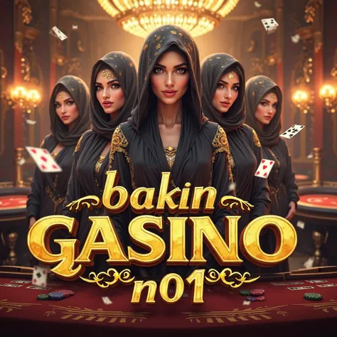 Create Casino flyer that says "TANGANHOKI99 SLOT GACOR No1", The text should be centered and big, arabian babes, group girls, muslim dress, casino background, tattoo, Ultra High Quality Image, 4K, 8K , 3D Rendering, casino table, flying coin, flying cards,...