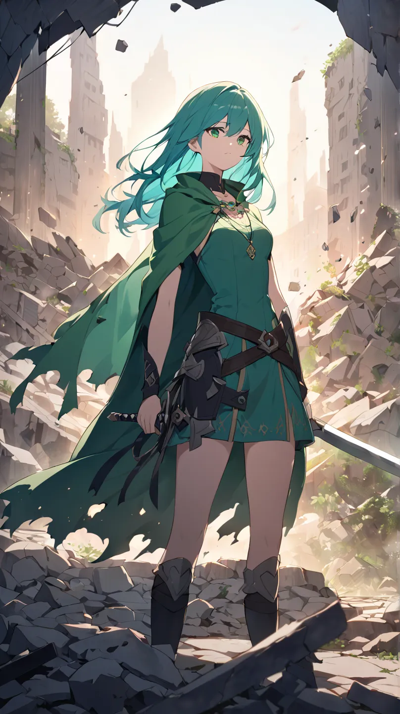 fantasy seen down、ruins、cigarette、inflammation、rubble、pocket、armor、Cape、1 girl, solo,  long hair, greenい目, green/light blue hair、sword、Dutch angle, necklaces、 lens flare, background blur,  silhouette、