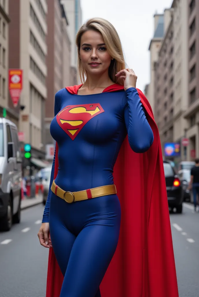 Woman, superman suit, standing in street, cameltoe