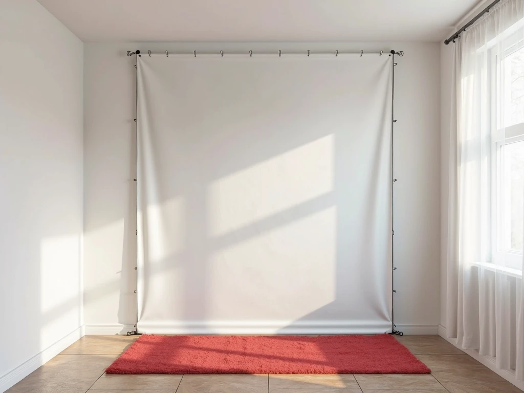 a tiled bedroom on the floor, white wall that can contain a 2m60 high and 3m80 wide tarpaulin and a red carpet on the ground at the bottom, making 1m from the wall at the bottom of the tarp to the front 