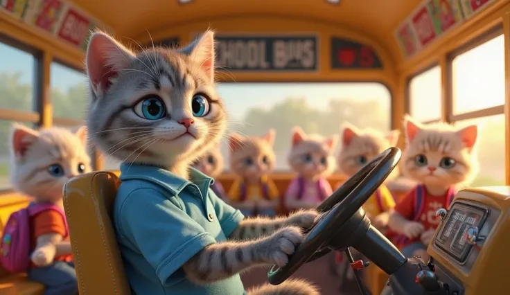 "A beautifully detailed and heartwarming 3D-rendered animation of a school bus driven by an anthropomorphic gray tabby cat with blue eyes. The cat, wearing a neatly pressed blue polo shirt, grips the steering wheel with a calm and responsible expression. T...