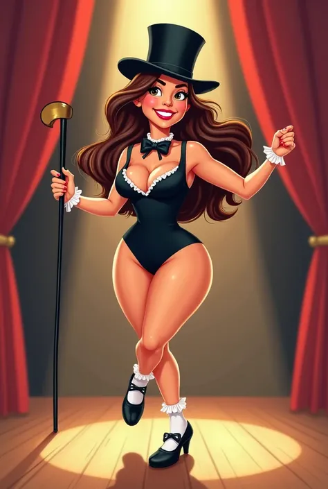 A beautiful cartoony Mexican American woman in her 20s, wearing a black leotard, with a black bow tie with a white collar around her neck, black sharp Mary Jane tap heels, with white ruffled socks, tap dancing cute, on a wood board on a stage, cartoon styl...