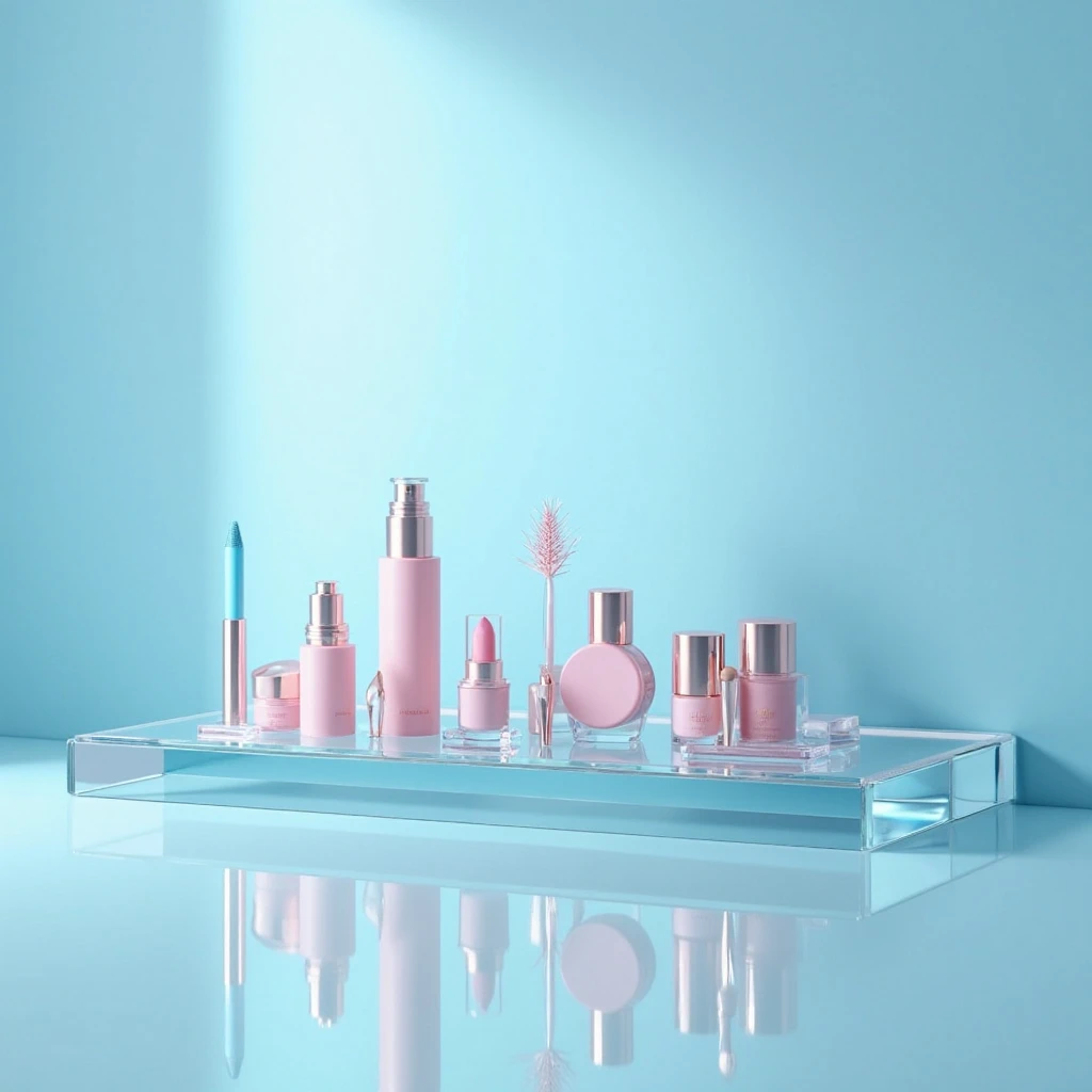  I need you to create a makeup scene map，The overall color scheme is sky blue，The glass counter type has cosmetics placed on it，Look up slightly at an angle，Display glass&#39; ，9:， Ultra HD