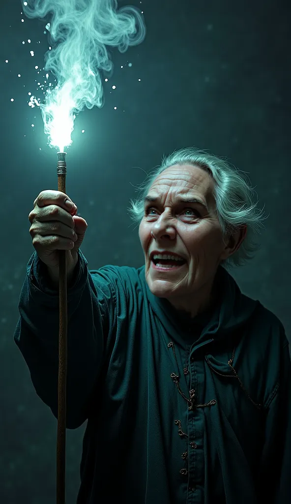 A terrifying old witch with an angry, fearsome expression stands inside her dark, mystical house. Her wrinkled face and glowing, intense eyes add to her menacing presence. She raises her magic wand high, pointing it to the right. From the tip of the wand, ...