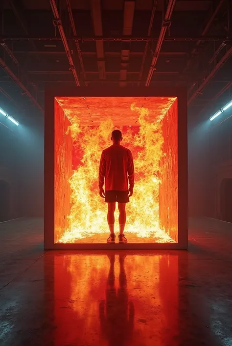 I WANT AN INTERIOR PERSPECTIVE OF A BOX MEASURING 4 BY FOUR METERS IN BASE AND 3 METERS HIGH, WHOSE INTERIOR IS COVERED WITH LED SCREENS , WITH A MAN INSIDE WHO WEARS SPORTSWEAR. LED SCREENS PROJECT A TOTAL FIRE. THE BACKGROUND IS A TELEVISION FORUM