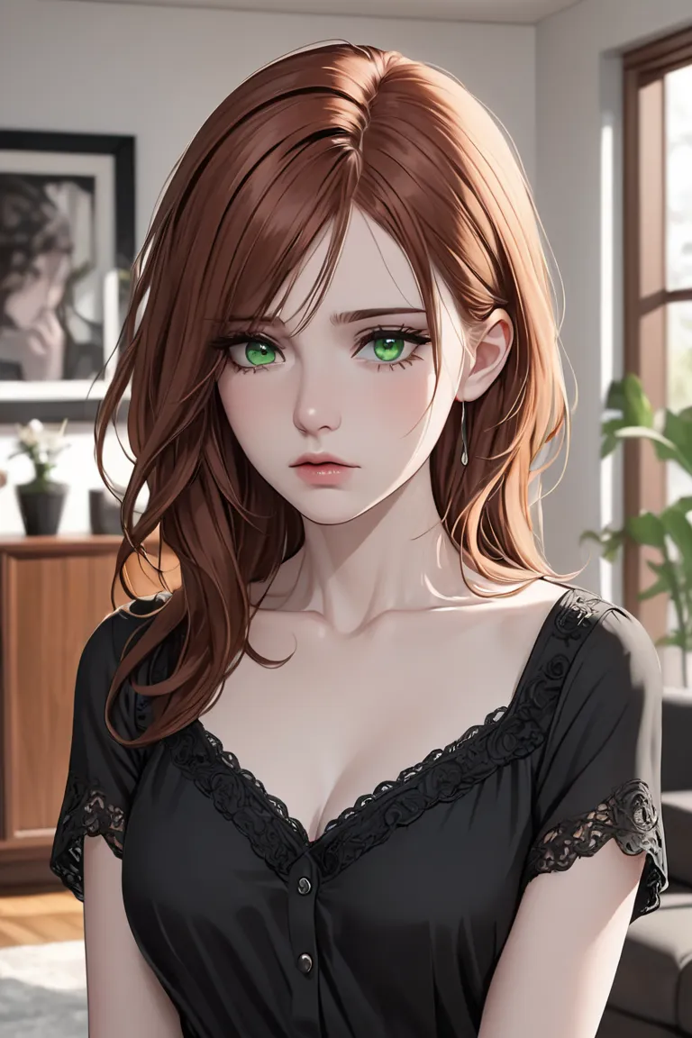 (masterpiece, best quality, 8k, high definition), whole body, woman, neck-length auburn hair, mid-chest, soft green eyes, soft lips, pale skin, beautiful face, wearing black blouse, black skirt, natural light, detailed background, Detailed Illustration Art...