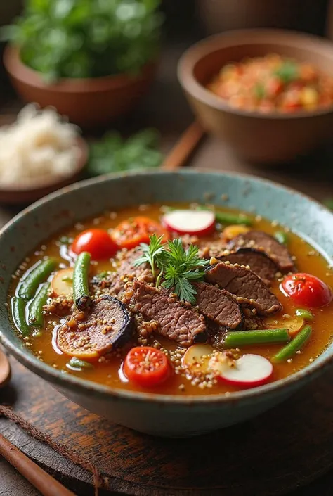 sliced beef soup with sliced eggplant, roasted tomatoes, radish, string beans