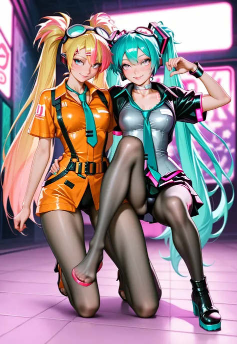   2人の Hatsune Miku, ,long hair,twintails ,safe_location,   Hatsune Miku, chest,  alone,  pink eye,  video viewers ,hair ornaments close to the garden,  hip vent ,HAIR CLIP, bangs, Tie up your hair ,  sandals on the skin, is blurry,  choker, liviawoe  _  st...