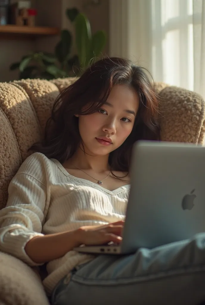 Image of girl holding laptop on person and lying on lazy chair