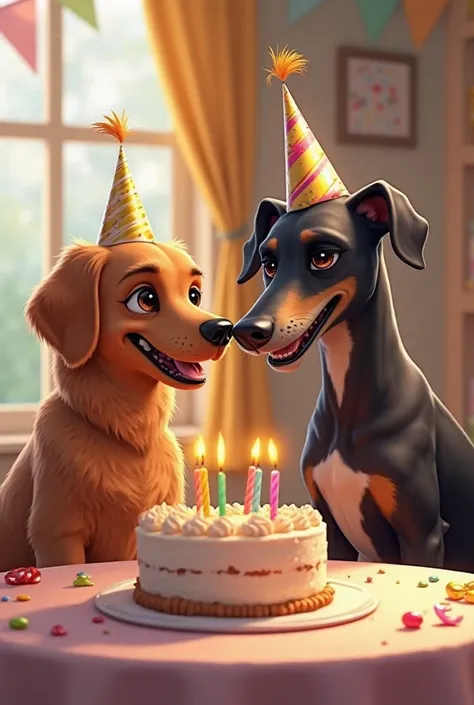 A golden dog and a black greyhound dog together at their birthday table, with his birthday cake and hats 