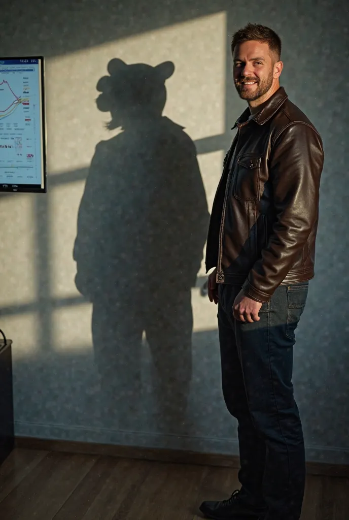 a man with a smirk is standing in the room, and his shadow shows the silhouette of a bear,  The man is dressed in casual clothes , ((Bear shadow )), “full-length bear silhouette” in the background are graphs and monitors and indices,high definition, Точнос...