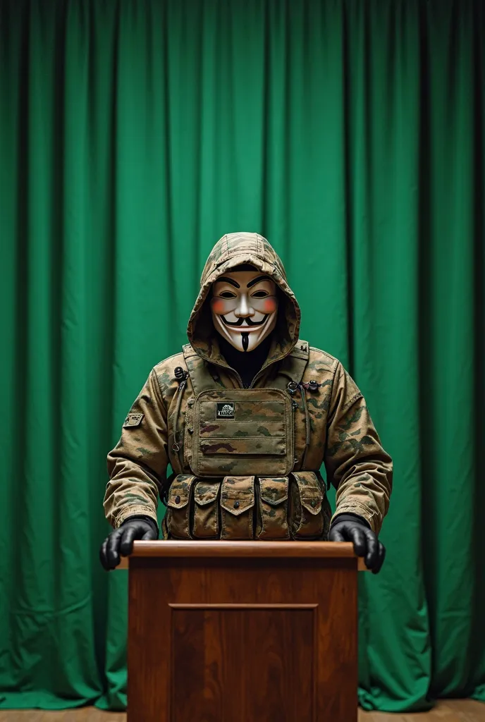 A man wearing an Anonymous mask, Age 20 years, Typical army camouflage parka jacket , The army's distinctive camouflage bulletproof vest, Army camouflage trousers, Typical army combat boots, Black leather gloves, army camouflage hood, While giving a speech...