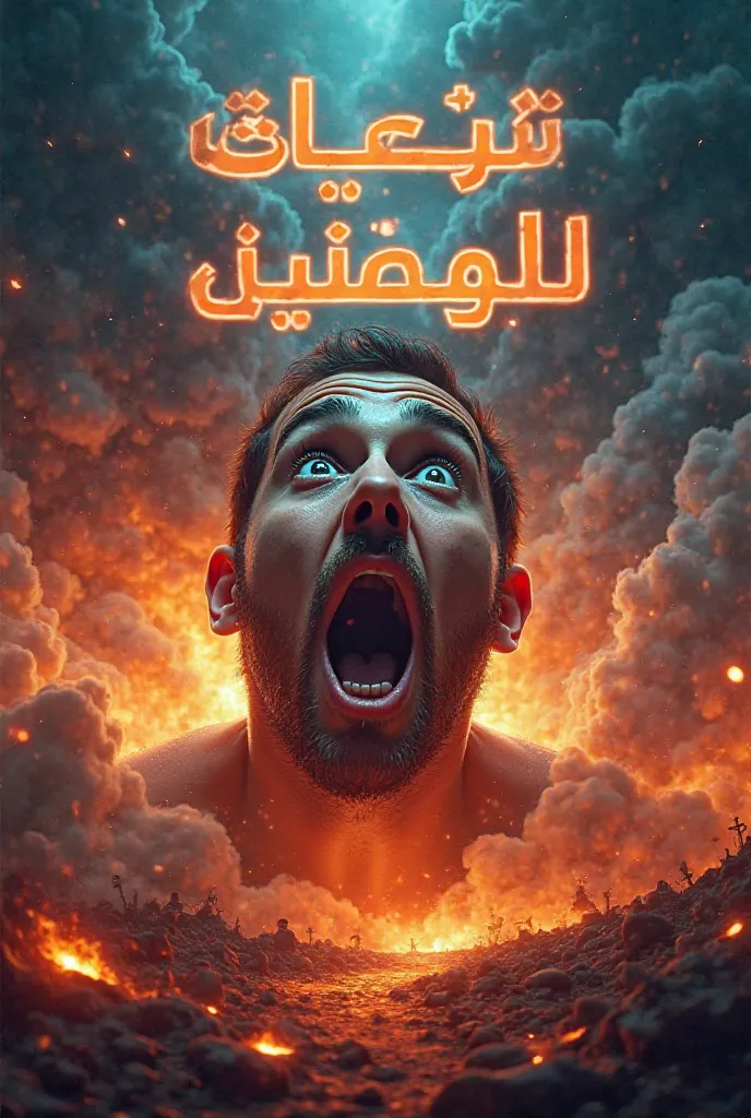 A hyper-dramatic YouTube thumbnail of Judgment Day in an epic, eye-catching style. A shocked human face in the foreground, showing extreme surprise, with large bold Arabic text reading “يوم القيامة!” in vibrant colors. In the background, swirling dark clou...