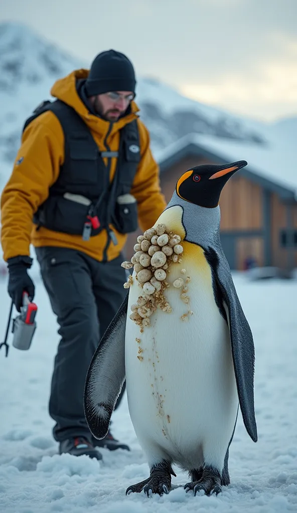 Same wildlife researcher in yellow jacket and black vest carefully approaching distressed penguin, now seen holding specialized cleaning equipment, the penguin's chest covered with hardened oil residue forming egg-shaped structures, Antarctic research stat...