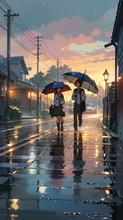 “A quiet suburban residential street after rainfall, glistening under the soft glow of streetlights. Puddles reflect the golden hues of the setting sun as the sky clears, transitioning into a deep twilight blue. The sidewalks are lined with modest houses, ...