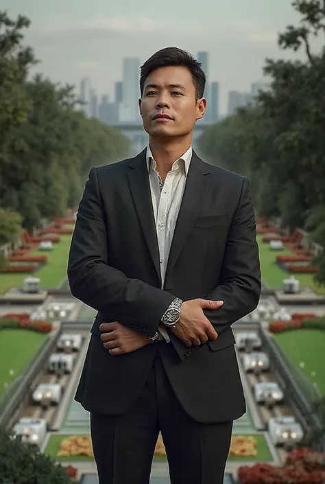 Man sitting in Park wearing black suit 