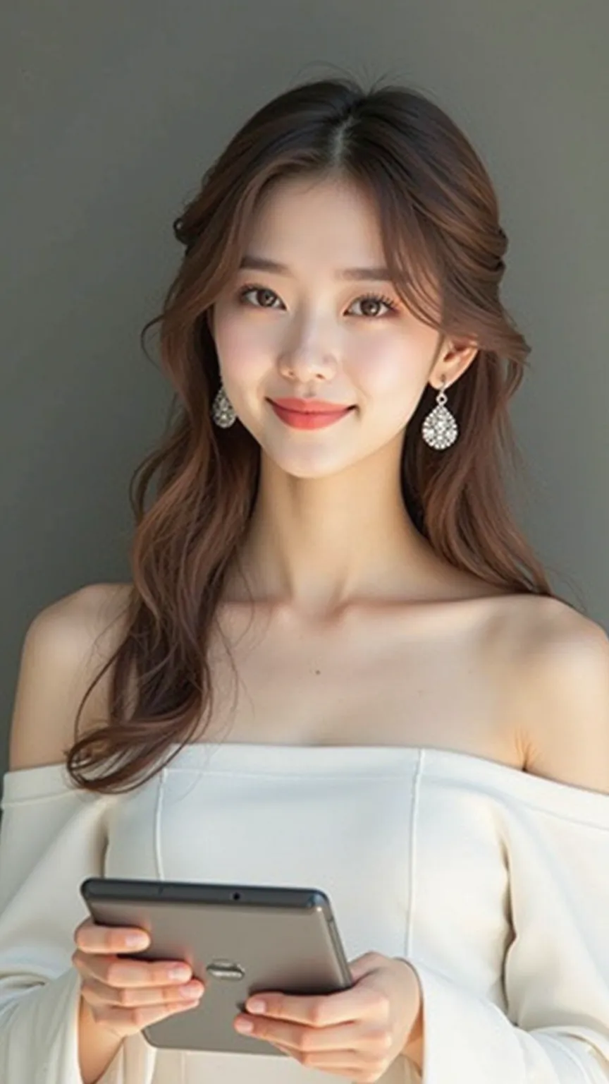  women aged 25-30 years ,korean man high definition,  long hair, Hair Accessories, Solo,  looking at the audience,  Brown Hair , smile, best quality, Simple background chest, The image is at eye level, wearing jewelry on a white gown, wearing jewelry on th...