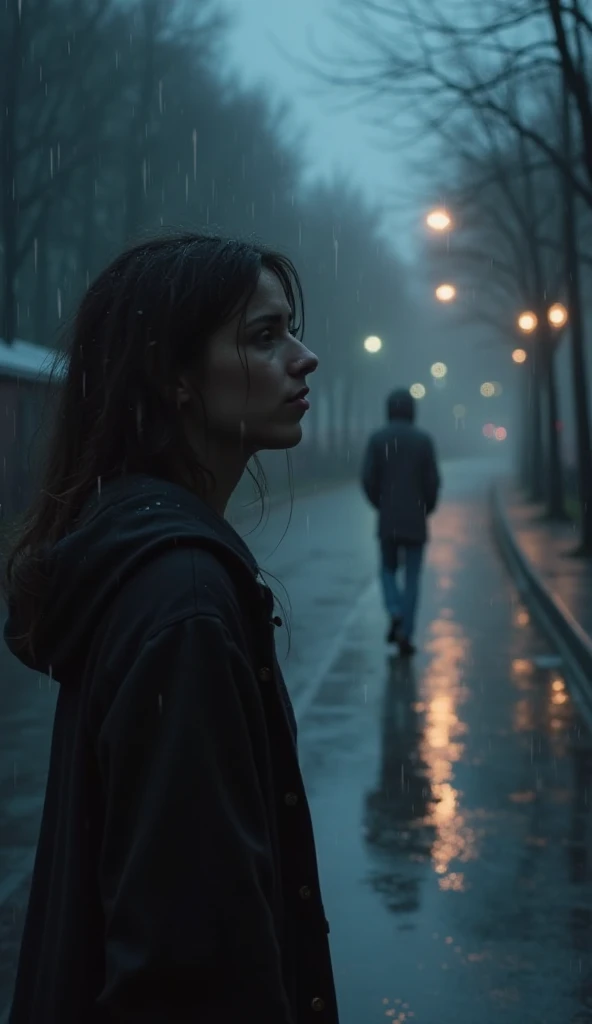 A melancholic scene of a person standing alone in the rain, looking at a distant figure walking away. The atmosphere is filled with sadness and heartbreak. The person has a tear rolling down their cheek, and their posture reflects deep sorrow. The backgrou...