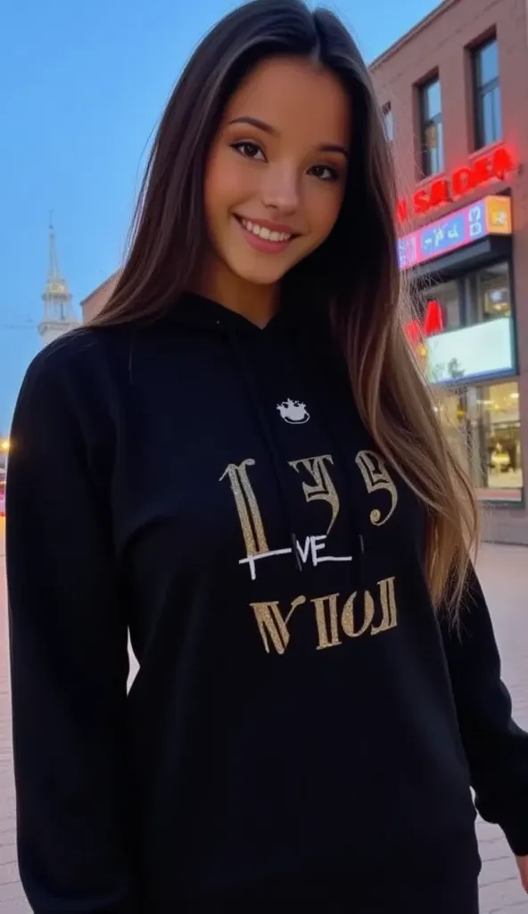 (masterpiece,  Top quality, 12k, 8K,  camera,  from the front)  beautiful girl looking to the side smiling,   modelling a black hooded sweatshirts, text in pink  "Femme Wolf "  inside a circle with feminine letters, black sports leggings , At night in the ...