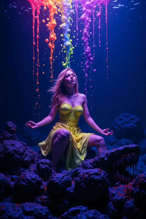 Fluorescent bright glow and shine reflect off of all objects in this image. Blonde young woman, very attractive, her dress is glowing with ultraviolet light. With black light paint drenched corral beds everywhere. She stares directly at the viewer as she m...