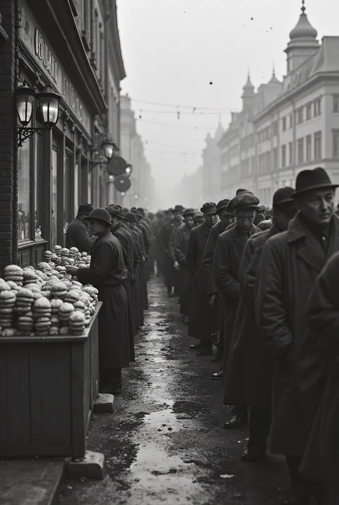 
Create an image of where during the Holodomor in Ukraine, people in the city of 1932 are waiting in a huge line to the store, to at least buy bread and you can see what they're standing there for days, someone sleeps from impotence while standing in line,...