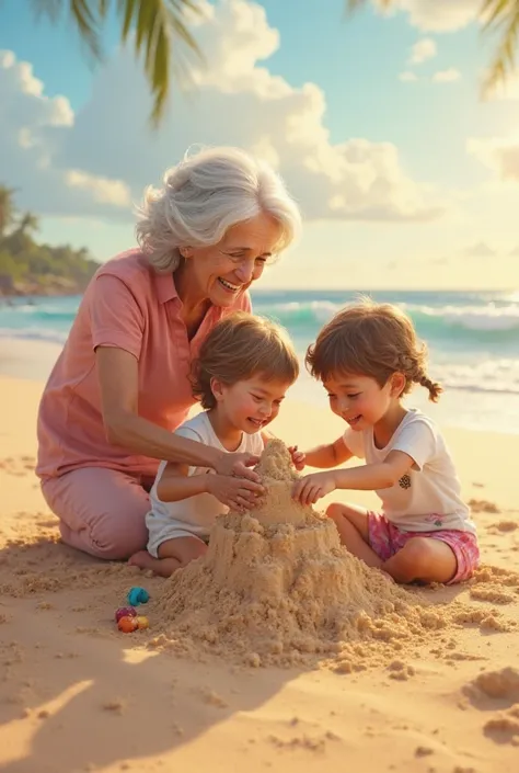 Grandma and 2 grandchildren are making a pile of sand.