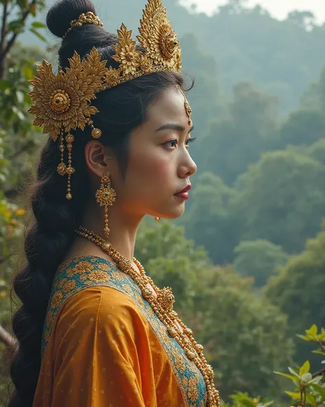 The beautiful and attractive queen is wearing a traditional Burmese crown, in the forest.  Two huge golden and blue dragons were already in the vast forest to the west, flying from the mountain's plumes, the great king who was standing  that mountain was l...