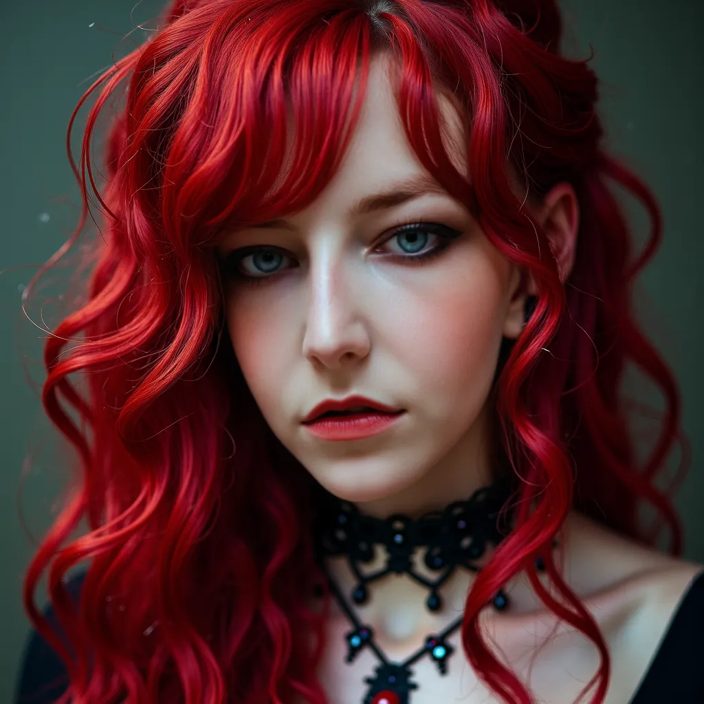 Young woman with extremely long vibrant and wavy cherry red hair, cherry red hair, blood red hair, wavy hair, extremely long hair, extremely long cherry red hair, Goth, long hair, heavy makeup, red lipstick, HD, fantasy photography, close up shot, close up...