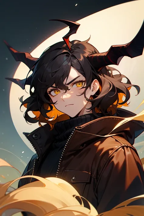 1male, finely detailed, yellow eyes, (perfect eyes), (wavy medium hair), black hair , red horns, winter clothing, leather jacket, serious expression, (perfect generation), amazing quality, detailed background, perfect quality, looking at viewer
