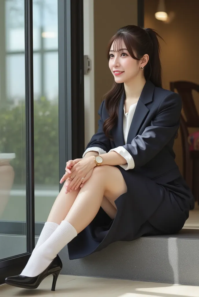 （  photorealistic  ：1.2）、  Japanese American model in her 20s 39      ;    thick legs、      hairstyle ponytail  、Female bank employee in uniform, beautiful 20 years old、  business uniform  、     sitting at the studio entrance    , Super sensual pose、   hig...