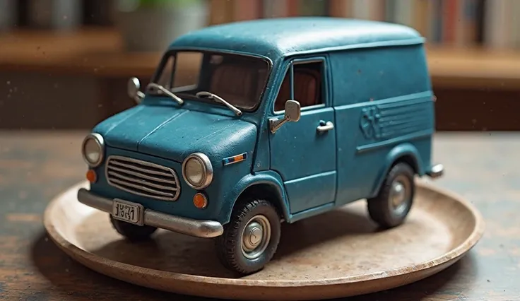 (1970 Toyota LiteAce Truck), masterpiece, high quality, best quality, car themed cake with dark blue on a plate, full cake, ren's cake, foodphoto, blurred background, full view, 8k, excellent quality.