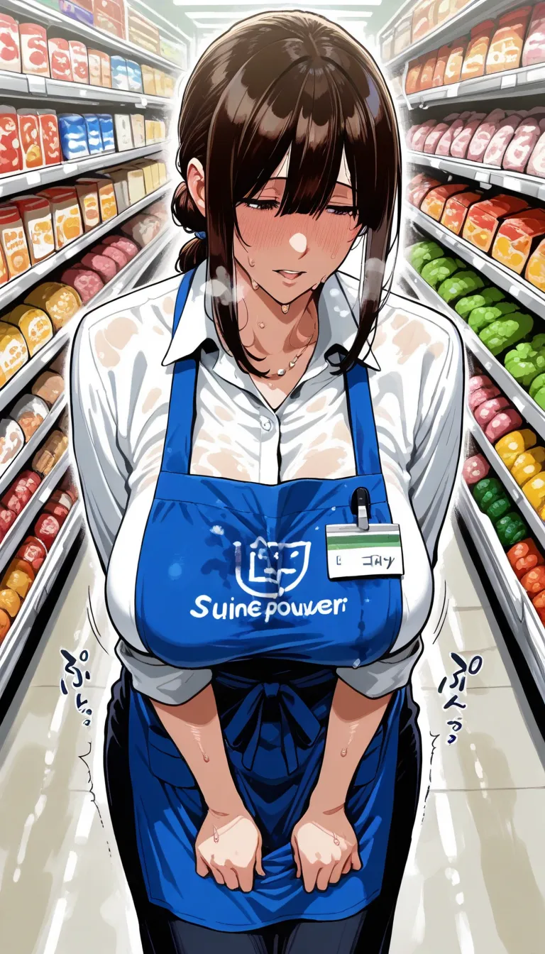 スーパーマーケット, (mature woman), Behind the office, mullet hairstyle, long bangs, 、(There are sweat stains on my clothes)あへがお, sagging breasts, he lost consciousness and fell down powerlessly,  supine, supermarket clerk uniform apron, BREAK, many sound effects, ...