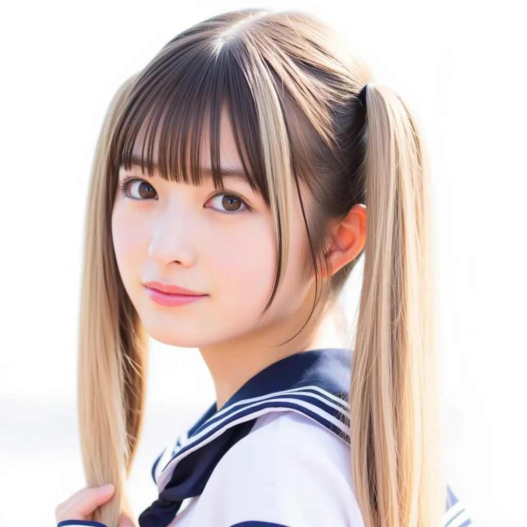  long hair, with blond and black two-tone bangs、Longer long hair、 light background、sailor suit、twintails