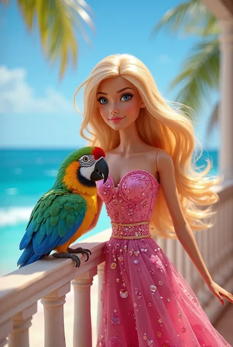 Once upon a time, there was a Barbie girl named Bella, who lived in a beautiful beach house by the ocean. One sunny day, while she was sitting on her balcony, a colorful parrot named Pico flew down and perched on her railing. Pico was friendly and loved to...