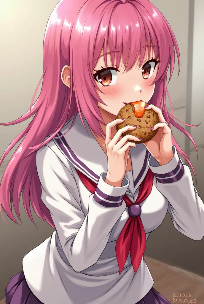 Sexy Hakari Hanazono with pink hair and her usual schoolgirl outfit. Eating a cookie full of cum 